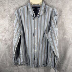 Perry Ellis Mens Slim Fit Striped Button Down Dress‎ Shirt L Blue Gray Cotton
